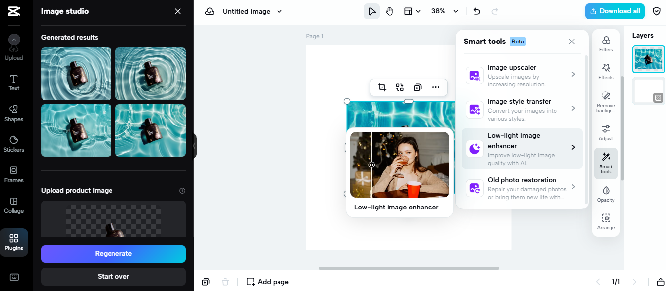 Pippit image studio showcasing AI-powered eCommerce tools for product image enhancement and smart editing.